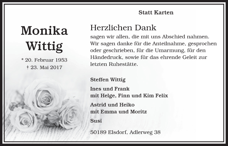  Traueranzeige für Monika Wittig vom 17.06.2017 aus  Sonntags-Post 