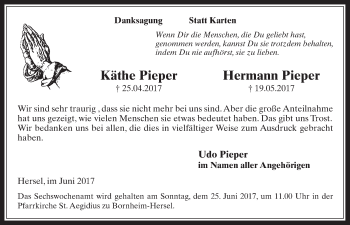 Anzeige von Käthe und Hermann Pieper von  Schaufenster/Blickpunkt  Schlossbote/Werbekurier 