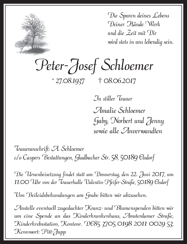  Traueranzeige für Peter-Josef Schloemer vom 17.06.2017 aus  Sonntags-Post 