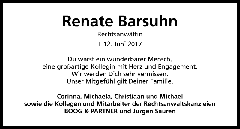  Traueranzeige für Renate Barsuhn vom 17.06.2017 aus Kölner Stadt-Anzeiger / Kölnische Rundschau / Express