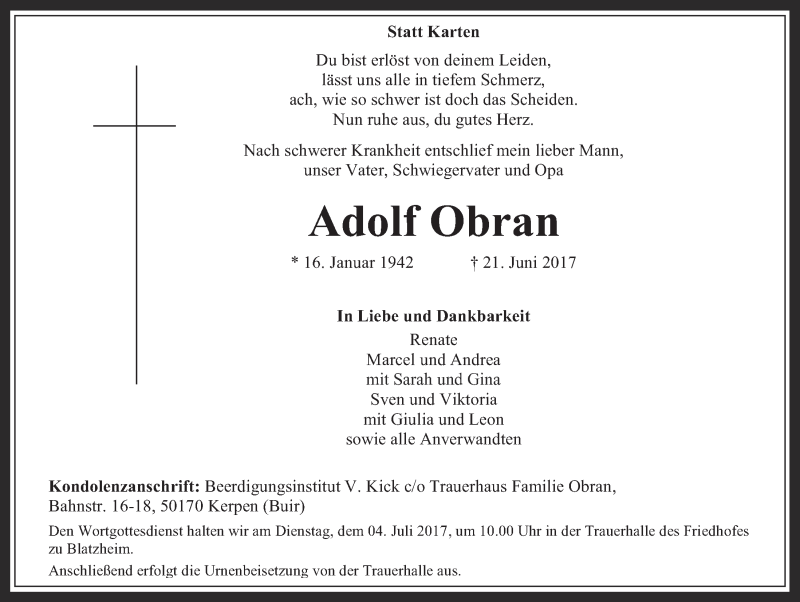  Traueranzeige für Adolf Obran vom 01.07.2017 aus  Werbepost 