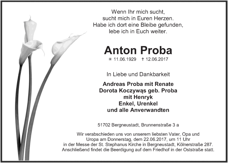  Traueranzeige für Anton Proba vom 21.06.2017 aus  Anzeigen Echo 