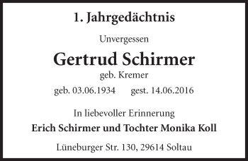 Anzeige von Gertrud Schirmer von  Schlossbote/Werbekurier 
