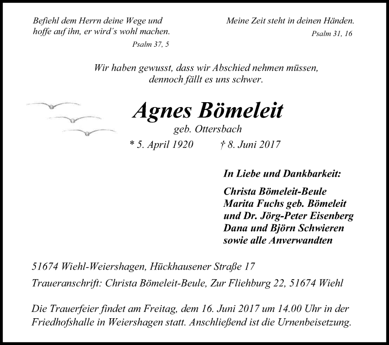  Traueranzeige für Agnes Bömeleit vom 13.06.2017 aus Kölner Stadt-Anzeiger / Kölnische Rundschau / Express