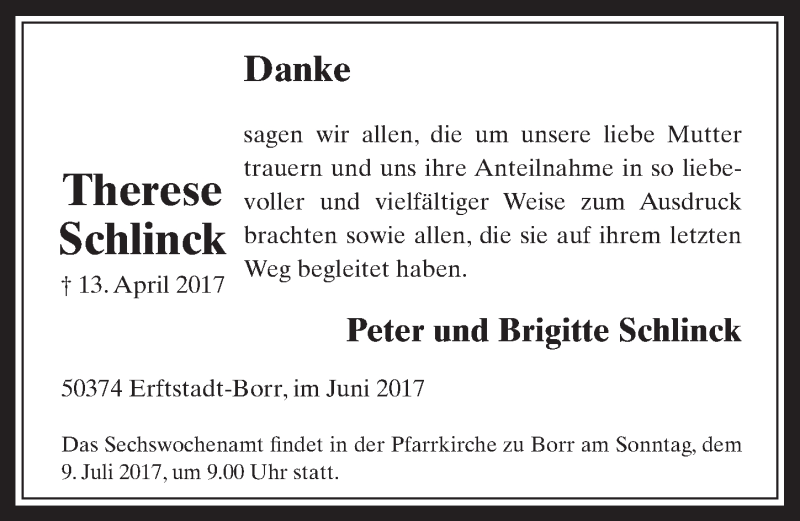  Traueranzeige für Therese Schlinck vom 28.06.2017 aus  Werbepost 