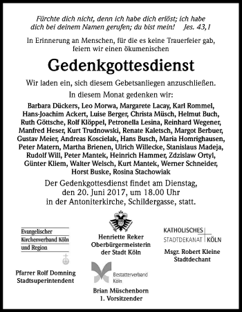 Anzeige von Sterbetafel vom 17.06.2017 von Kölner Stadt-Anzeiger / Kölnische Rundschau / Express