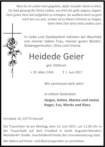 Anzeige von Heidede Geier von Kölner Stadt-Anzeiger / Kölnische Rundschau / Express