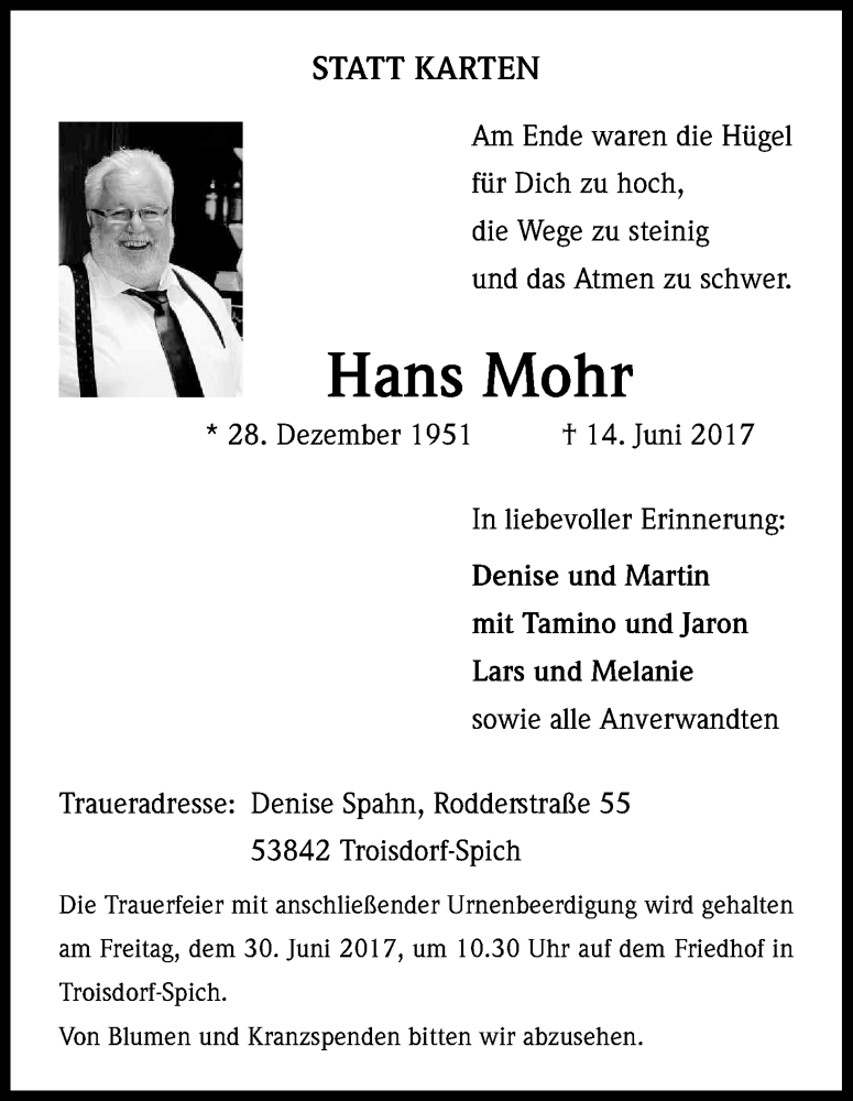  Traueranzeige für Hans Mohr vom 24.06.2017 aus Kölner Stadt-Anzeiger / Kölnische Rundschau / Express