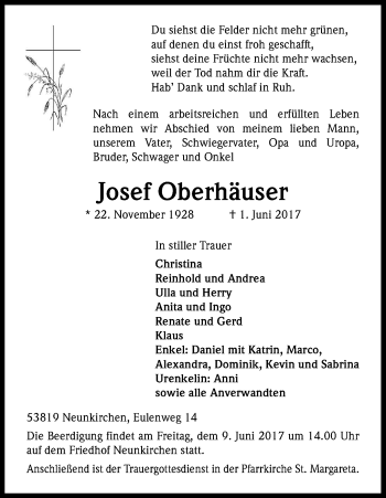 Anzeige von Josef Oberhäuser von Kölner Stadt-Anzeiger / Kölnische Rundschau / Express