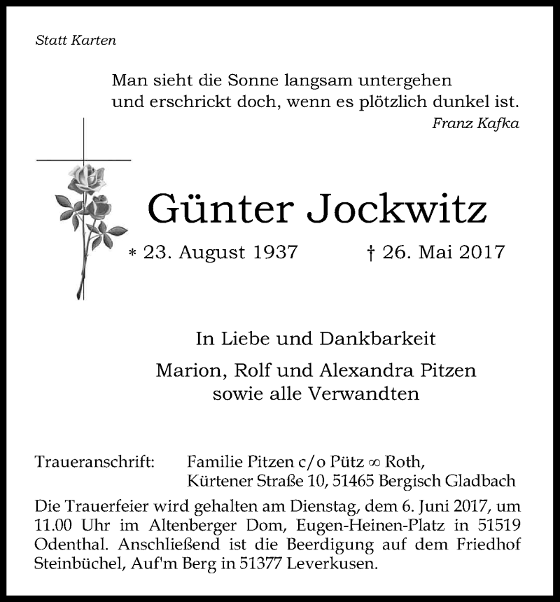  Traueranzeige für Günter Dockwitz vom 02.06.2017 aus Kölner Stadt-Anzeiger / Kölnische Rundschau / Express