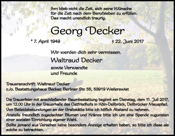 Anzeige von Georg Decker von Kölner Stadt-Anzeiger / Kölnische Rundschau / Express