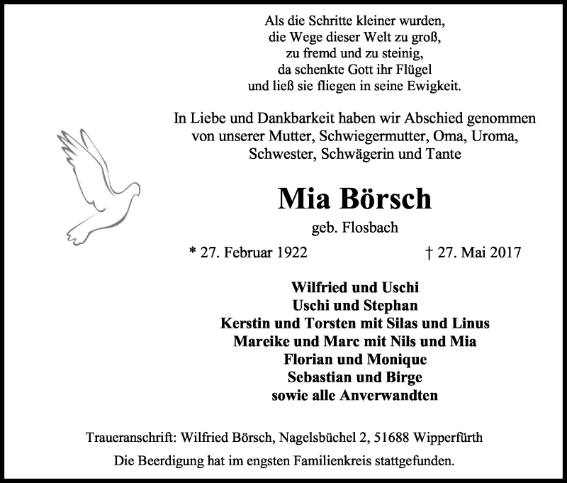  Traueranzeige für Mia Börsch vom 07.06.2017 aus Kölner Stadt-Anzeiger / Kölnische Rundschau / Express