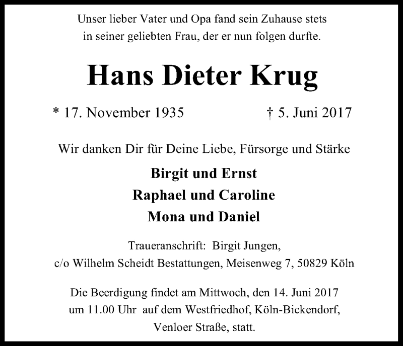  Traueranzeige für Hans Dieter Krug vom 10.06.2017 aus Kölner Stadt-Anzeiger / Kölnische Rundschau / Express