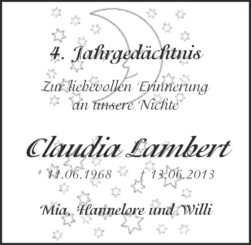 Traueranzeige für Claudia Lambert vom 14.06.2017 aus  Kölner Wochenspiegel 