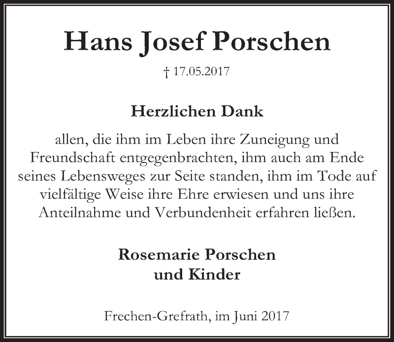  Traueranzeige für Hans Josef Porschen vom 21.06.2017 aus  Wochenende 