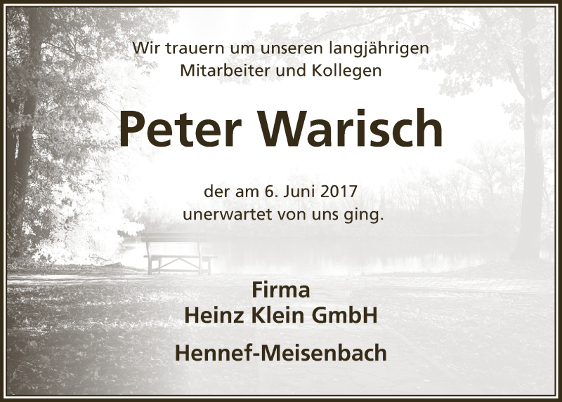  Traueranzeige für Peter Warisch vom 21.06.2017 aus  Extra Blatt 