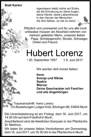 Anzeige von Hubert Lorenz von Kölner Stadt-Anzeiger / Kölnische Rundschau / Express