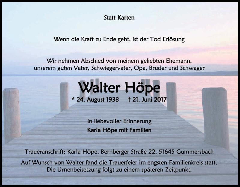  Traueranzeige für Walter Höpe vom 01.07.2017 aus Kölner Stadt-Anzeiger / Kölnische Rundschau / Express