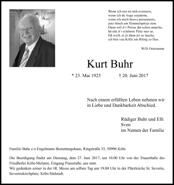 Anzeige von Kurt Buhr von Kölner Stadt-Anzeiger / Kölnische Rundschau / Express