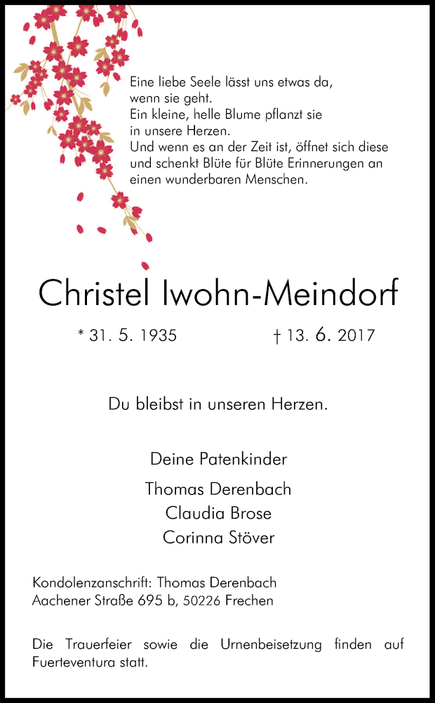  Traueranzeige für Christel Iwohn-Meindorf vom 21.06.2017 aus Kölner Stadt-Anzeiger / Kölnische Rundschau / Express