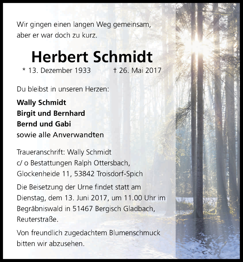  Traueranzeige für Herbert Schmidt vom 10.06.2017 aus Kölner Stadt-Anzeiger / Kölnische Rundschau / Express