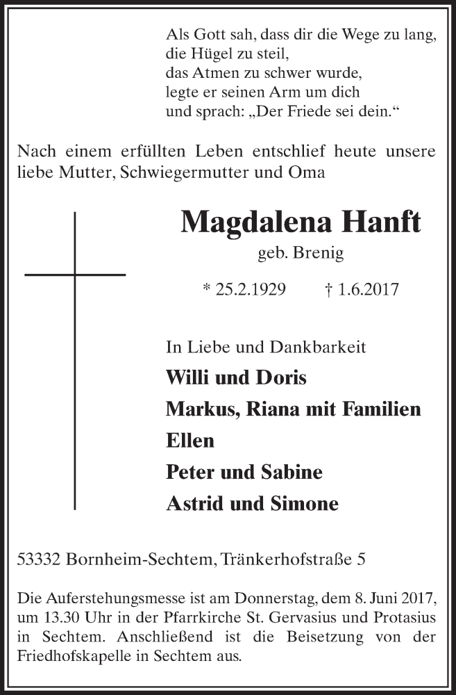  Traueranzeige für Magdalena Hanft vom 07.06.2017 aus  Schlossbote/Werbekurier 