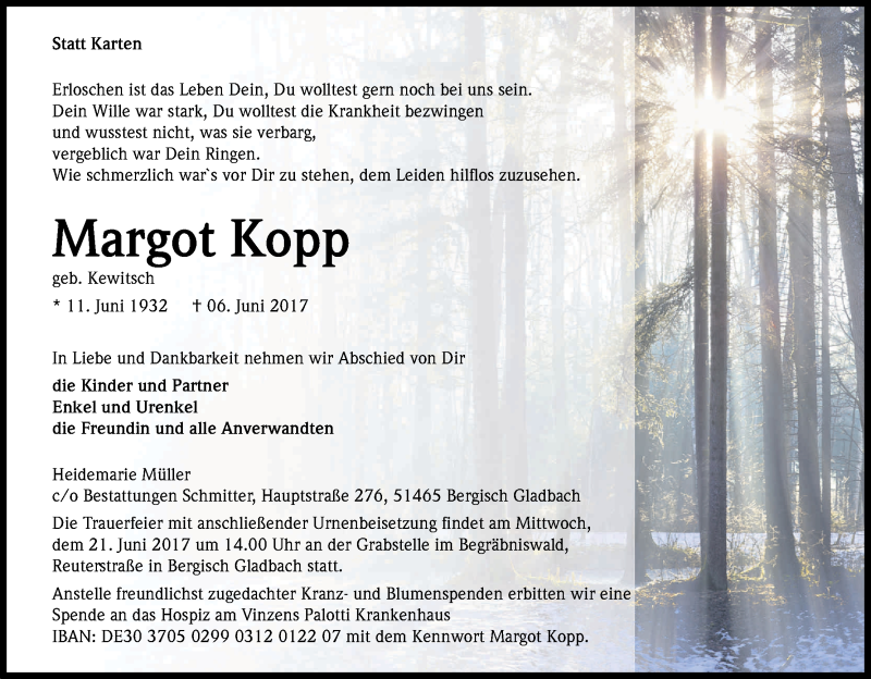  Traueranzeige für Margot Kopp vom 10.06.2017 aus Kölner Stadt-Anzeiger / Kölnische Rundschau / Express