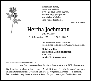 Anzeige von Hertha Jochmann von Kölner Stadt-Anzeiger / Kölnische Rundschau / Express