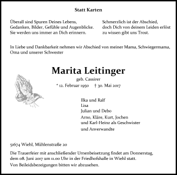 Anzeige von Marita Leitinger von Kölner Stadt-Anzeiger / Kölnische Rundschau / Express