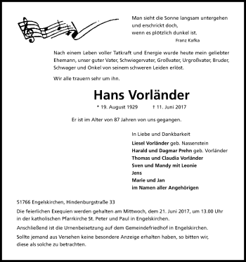 Anzeige von Hans Vorländer von Kölner Stadt-Anzeiger / Kölnische Rundschau / Express