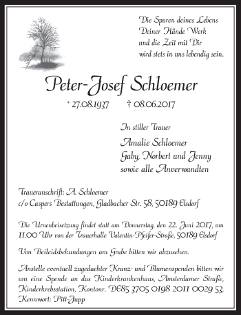 Anzeige von Peter-Josef Schloemer von  Sonntags-Post 