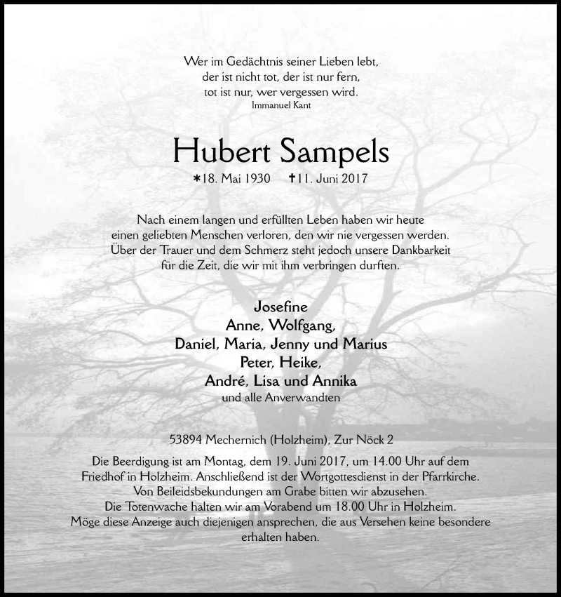  Traueranzeige für Hubert Sampels vom 15.06.2017 aus Kölner Stadt-Anzeiger / Kölnische Rundschau / Express