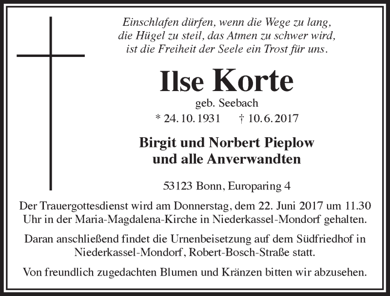  Traueranzeige für Ilse Korte vom 21.06.2017 aus  Schaufenster/Blickpunkt 