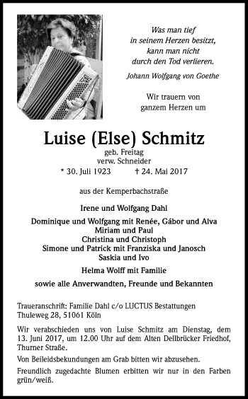 Anzeige von Luise  Schmitz von Kölner Stadt-Anzeiger / Kölnische Rundschau / Express