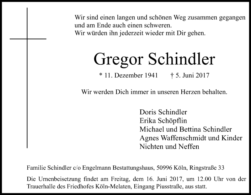  Traueranzeige für Gregor Schindler vom 10.06.2017 aus Kölner Stadt-Anzeiger / Kölnische Rundschau / Express