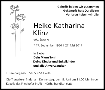 Anzeige von Heike Katharina Klinz von Kölner Stadt-Anzeiger / Kölnische Rundschau / Express