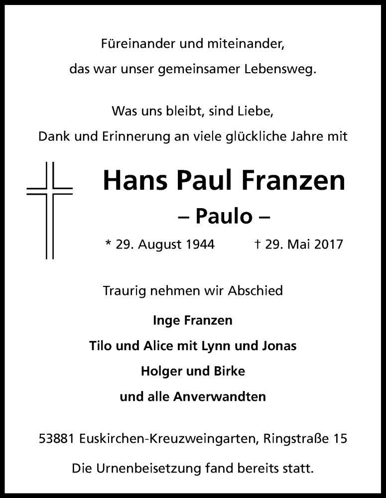  Traueranzeige für Hans Paul Franzen vom 17.06.2017 aus Kölner Stadt-Anzeiger / Kölnische Rundschau / Express