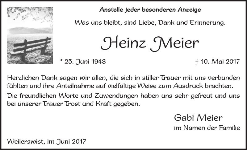  Traueranzeige für Heinz Meier vom 24.06.2017 aus  Blickpunkt Euskirchen 