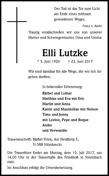 Anzeige von Elli Lutzke von Kölner Stadt-Anzeiger / Kölnische Rundschau / Express