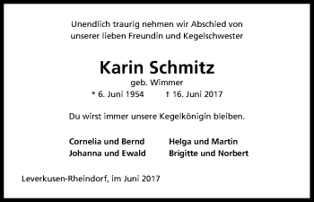 Anzeige von Karin Schmitz von Kölner Stadt-Anzeiger / Kölnische Rundschau / Express