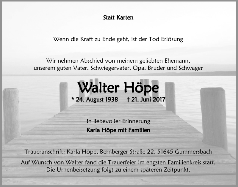  Traueranzeige für Walter Höpe vom 28.06.2017 aus  Anzeigen Echo 
