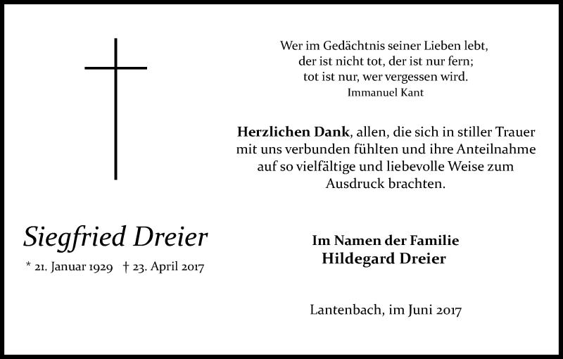  Traueranzeige für Siegfried Dreier vom 17.06.2017 aus Kölner Stadt-Anzeiger / Kölnische Rundschau / Express