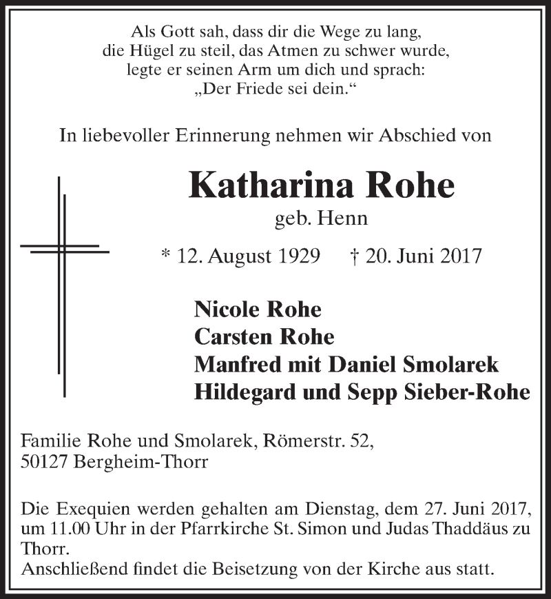  Traueranzeige für Katharina Rohe vom 24.06.2017 aus  Sonntags-Post 