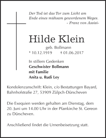 Anzeige von Hilde Klein von  Blickpunkt Euskirchen 