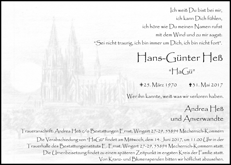  Traueranzeige für Hans-Günter Heß vom 03.06.2017 aus  Blickpunkt Euskirchen 