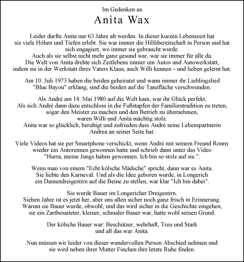  Traueranzeige für Anita Wax vom 28.06.2017 aus  Kölner Wochenspiegel 