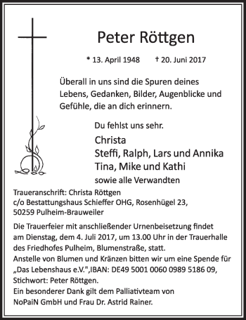 Anzeige von Peter Röttgen von  Sonntags-Post 