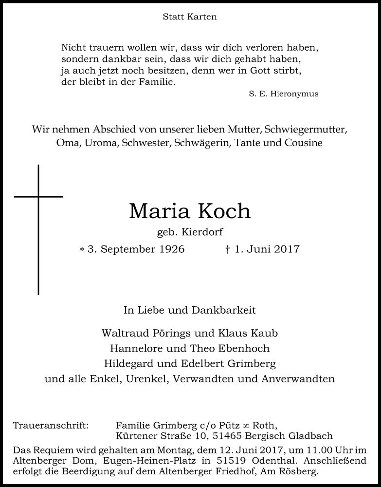  Traueranzeige für Maria Koch vom 08.06.2017 aus Kölner Stadt-Anzeiger / Kölnische Rundschau / Express