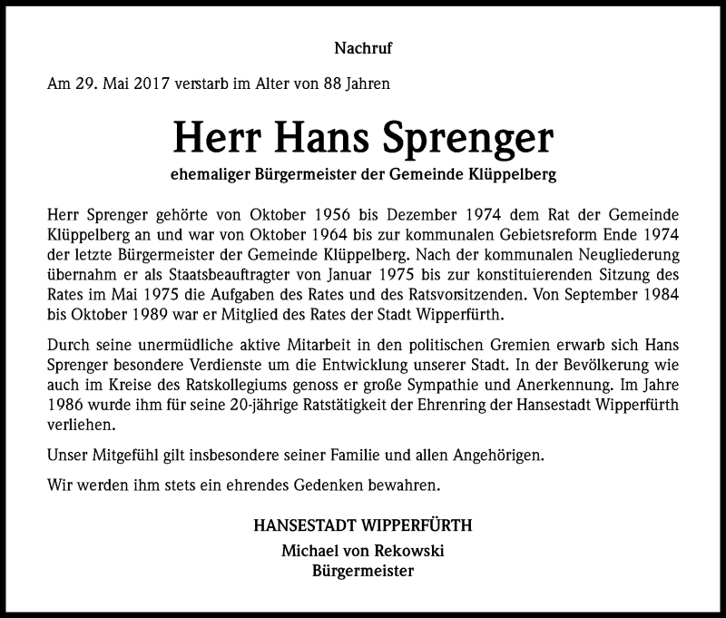  Traueranzeige für Hans Sprenger vom 06.06.2017 aus Kölner Stadt-Anzeiger / Kölnische Rundschau / Express