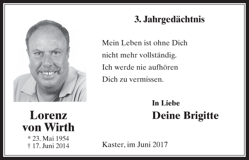  Traueranzeige für Lorenz von Wirth vom 18.07.2023 aus  Werbepost 